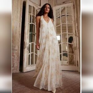 Free People Holding On Maxi Halter Dress Beaded Flowers Mesh
